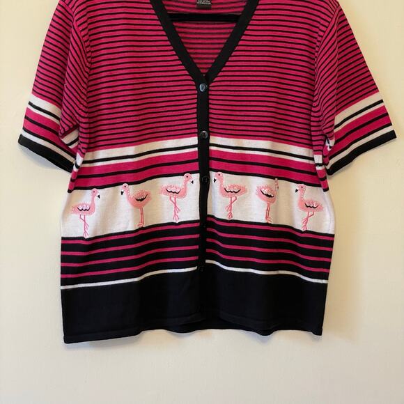Vintage XL Terazzo short sleeve button up blouse strip flamingo kitsche pink - Picture 3 of 7